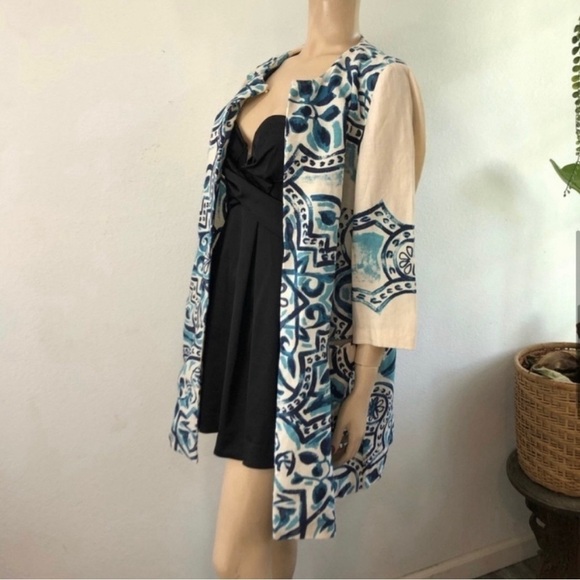 Chico’s Artisan Printed Linen Jacket blue, cream - Picture 8 of 16